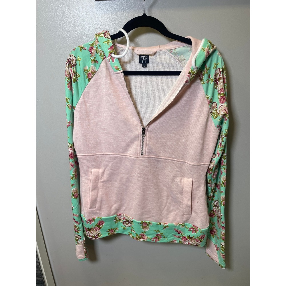7 Degrees Womens Pink Mint Green Floral Quarter Zip Hoodie Sweatshirt Size L